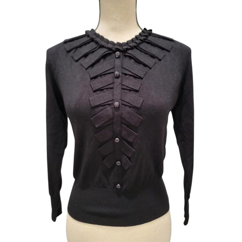 Sweater -NWOT -  Solid Black, Ruffle Front by Young Yang, Sz sm.
